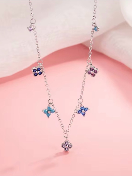 Anthropologie Jewelry - 925 Sterling Silver Multi-Color Flower Charm Necklace - Purple & Blue